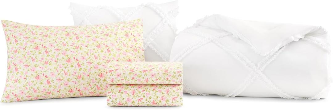 Laura Ashley - Twin XL Bedding Bundle, Includes Reversible Comforter with Matching Sham & Cotton Percale Sheet Set, Crisp & Cool, Floral Dorm Room Essentials (Pink/White)