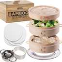 Bamboo Steamer 10 Inch 2 Tier Wooden Basket With Handle, Ring Adapter, Reusable Silicone Liner, Adapter, Molder Press For Cooking Vegetables Dumpling Press & Dough Cutter for Steaming Chinese Asian Food & Bao Bun, Dim Sum Potsticker