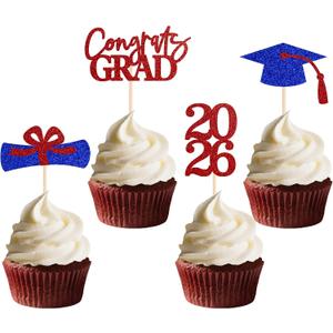 Double-sided 36 PCS Graduation Cupcake Toppers Red Blue Class Of 2026 Cupcake Picks For Graduation Theme Party Decorations Supply, 4.7 inches by 7 inches