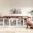 JSB 144-inch Extra Wide 30-inch Tall Dog gate with Door Walk Through, Freestanding Pet Gate for Halls, Stairs & Home, Pet Puppy Safety Dog Fence with 2PCS Support Feet 