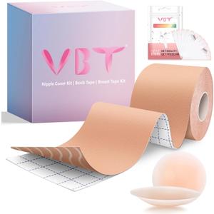 VBT Boob Tape - Breast Lift Tape, Body Tape for Breast Lift w 2 Pcs Silicone Breast Reusable Adhesive Bra, Bob Tape for Large Breasts A-G Cup, Nude (2 inch, Beige)