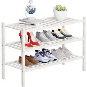 3 Tier Bamboo Shoe Rack Storage Organizer for Closet, Multifunctional Stackable Free Standing Shoe Shelf Organizer for Small Space,Entryway, Hallway, Bathroom27 x11 x20 (White, 3 Tier)