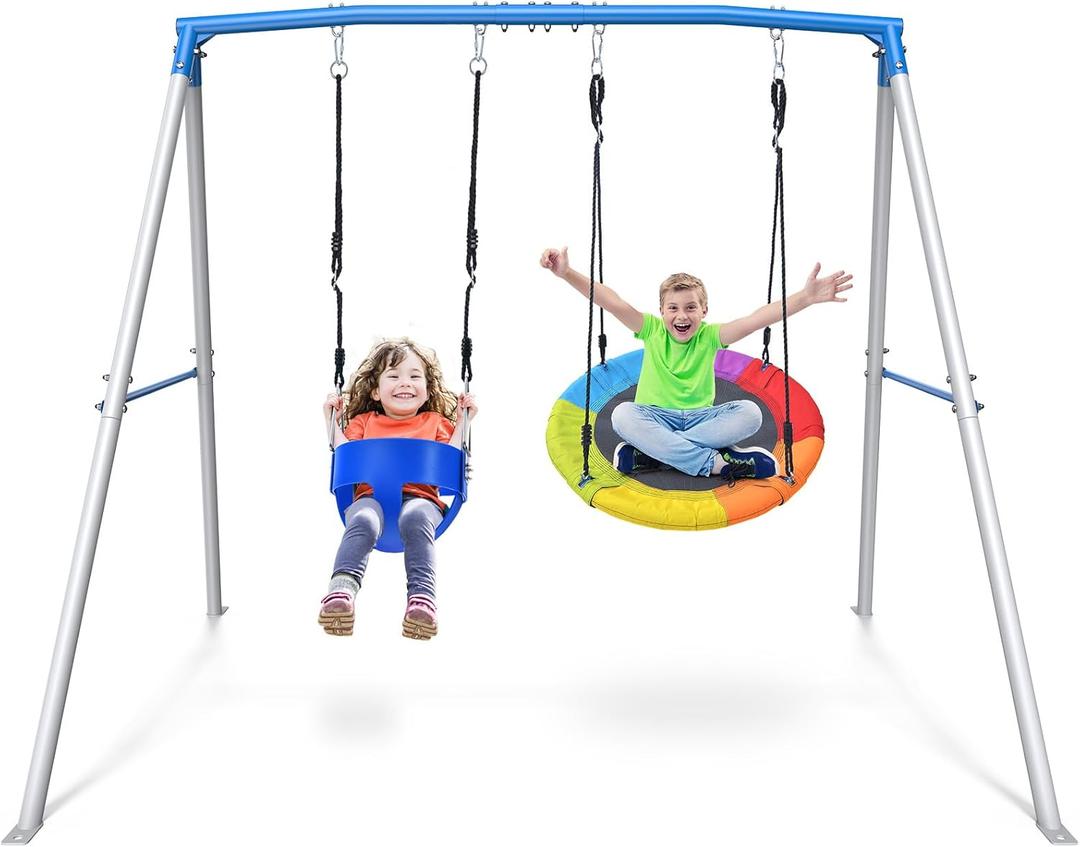 Trekassy Swing Sets for Backyard, 440lbs Heavy Duty A-Frame Metal Swing Stand with 1 Saucer Swing and 1 Toddler Swing Outdoor Kids Play Equipment for Playground Playset (Patented)