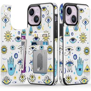 FUNMIKO for iPhone 14 Wallet Case with Card Holder, RFID-Blocking, Military-Grade Drop Protection & Floral Animal Design, Magnetic Closure with Leather Kickstand - Evil Eye