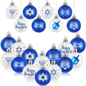 Barydat 24 Pcs Happy Hanukkah Ornament for Tree Balls Chanukah Hanging Ornaments Star of David Hanukkah Ornament Balls White Blue Jewish Menorah Ornaments for Xmas Tree Decoration(Stylish Style)