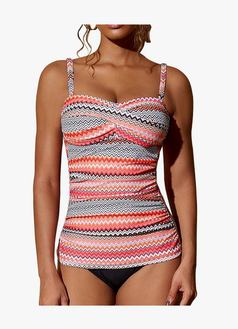 Women's Twist Front Bandeau Tankini Set Two Pieces Ruched Tummy Control Suimsuit with Mid Waist Briefs XL