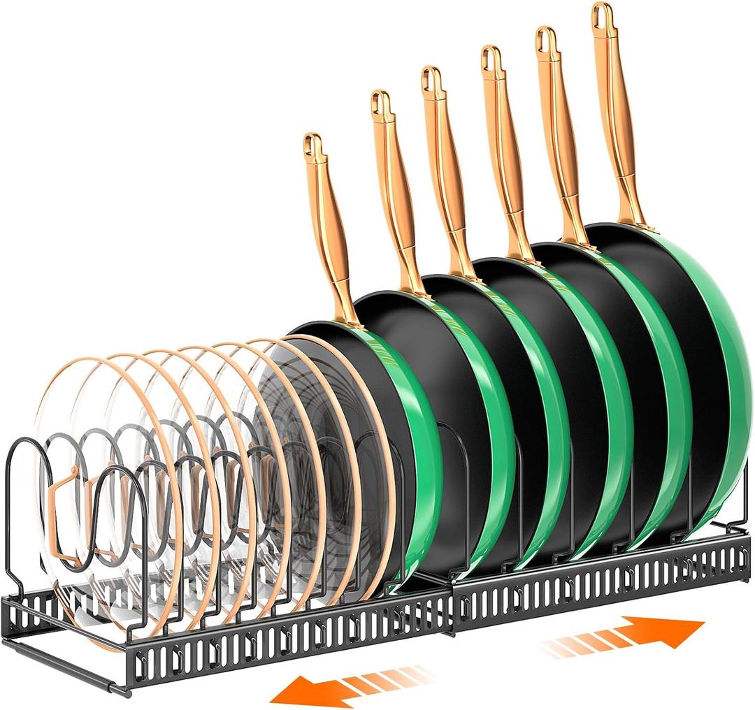 MUDEELA Pots and Pans Organizer Rack for under Cabinet, Expandable Pot Lid Kitchen Cabinet Organizer Holder with 14 Adjustable Compartment Cutting Board Organizer for Pan Lid, Bakeware