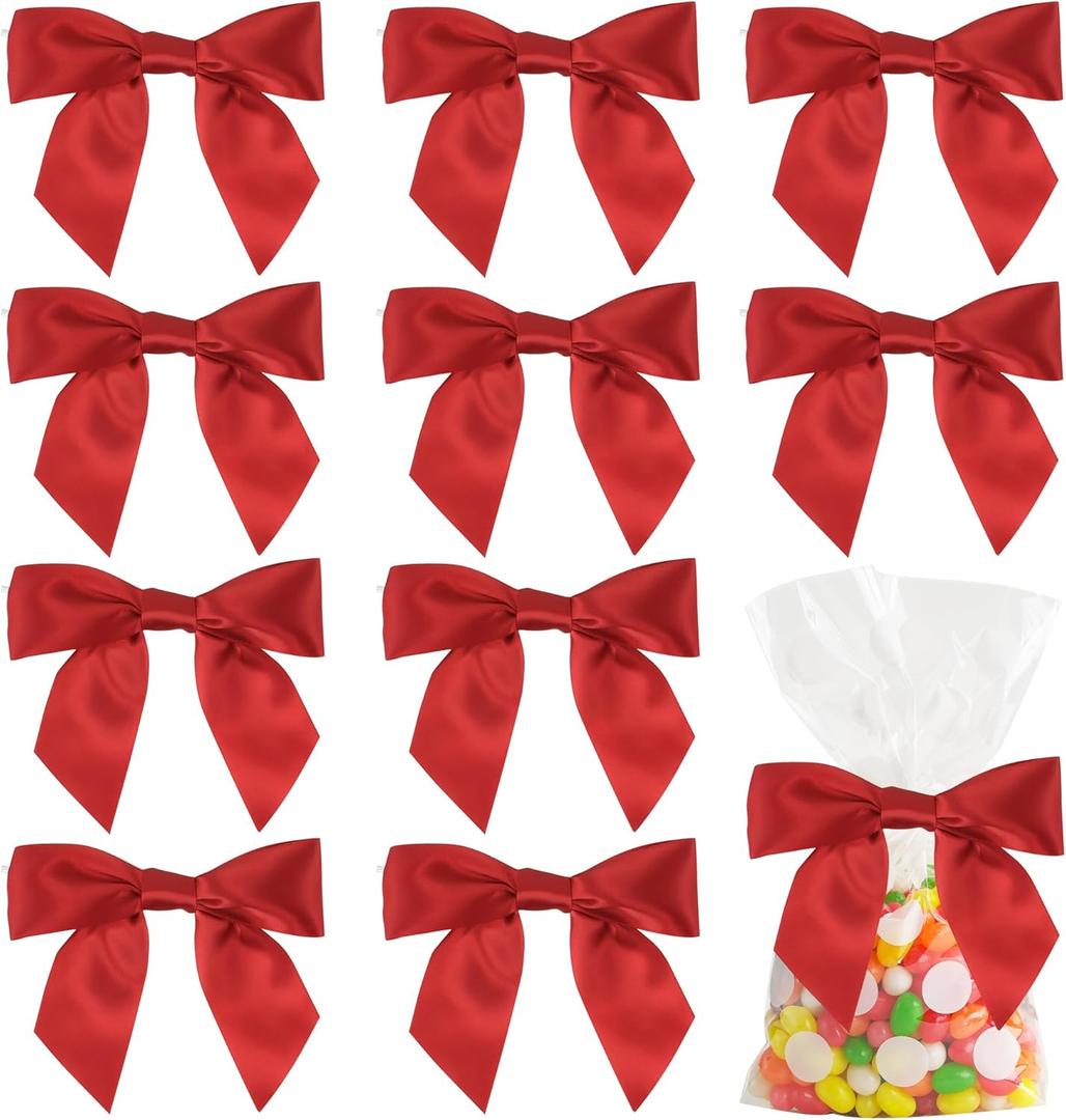 AIMUDI Satin Ribbon Twist Tie Bows for Treat Bags 4.5" Pre-Tied Red Bows for Christmas Tree, Crafts, Gift Wrap, Baby Shower, Wedding Decor, Party Favors - 36 PCs