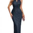 BeryLove Homecoming Sequin Glitter Evening Formal Party Prom Dress Long Wedding Guest Bridesmaid Cocktail Sparkly Spaghetti Strap Dress 0032 DarkBlue M