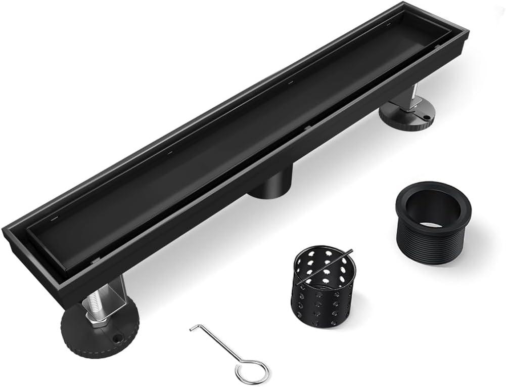 Shower Drain, 12 Inch Black Linear Shower Drain with Removable Tile Insert Grate, 2 in 1 Bathroom Modern 304 Stainless Steel Matte Black Shower Floor Drain with Adjustable Feet,Hair Filter