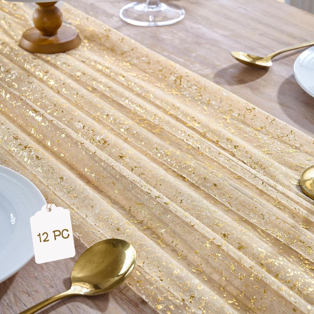 12PC Gold Gauze Table Runner 120 Inch 10FT Dining Wedding Baby Shower Holiday Birthday Sheer Tulle Table Décor