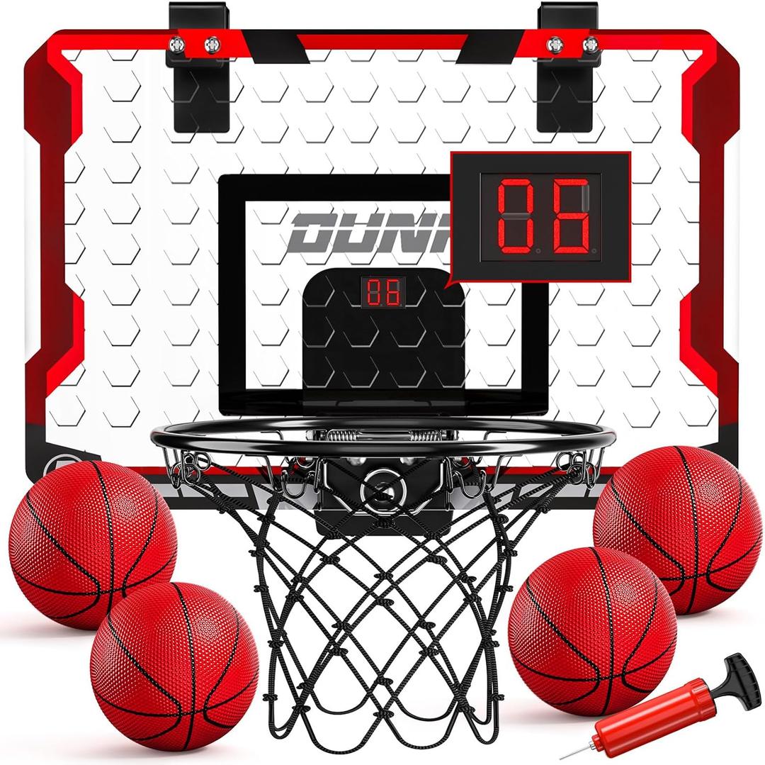 LovesTown Indoor Mini Basketball Hoop for Kids, for Boys & Girls Ages 4-12, Over The Door Hoop with LED Lights & Electronic Scoreboard, 4 Balls, Sports Toys for Family Game Night