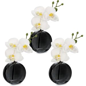 Oairse White Orchids Artificial Flowers Faux Orchids Arrangement in Black Glass Vases Set of 3 Real Touch Phalaenopsis Orchid Flowers Small Fake Orchid Centerpiece for Dining Room Table