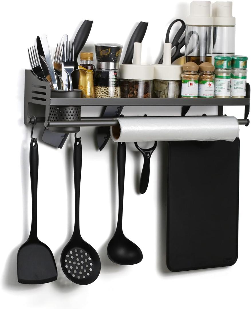 Wall Mounted Spice Rack, Hanging Spice Rack with Hooks - Kitchen Utensil Organizer for Spatulas, Spoons, And Seasoning Jars - Space Saving Solutions for the Kitchen (50CM)