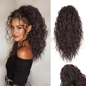 Stamped Glorious Brown Ponytail Extension 18" Curly Wavy Pony Tail Claw Multi Layered Clip on Ponytail Extension Fluffy Natural Looking Synthetic Hair Piece for Women (Dark Brown)