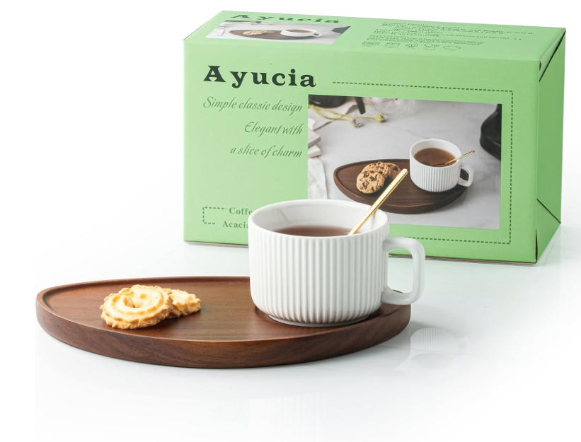 Ayucia Tea Cup and Saucer Set, 8OZ Cappuccino Cup with Acacia Serving Saucer and Spoon, White Cream Ceramic Coffee Mug with 9.4inch Wooden Plate for Latte Dessert Breakfast