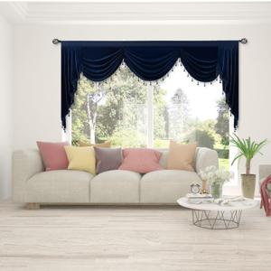 Phating Velvet Waterfall Valance for Living Room, Rod Pocket Swag Valance Curtains with Tassels for Kitchen 1 Panel, Navy, W89 Inches