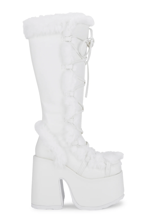 VIMISAOI Womens Mid Calf Boots, Lace Up Zip Block Chunky High Heel Punk Goth Warm Fur Winter Snow Platform Boots (5)