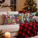 Preppy Retro Pink Christmas Pillow Covers 18x18 Set of 4, Kids Room Christmas Decor, Funny Xmas Tree Town Highland Cow Gnome Decorative Throw Pillow Covers Pillowcases for Home Kids Bedroom