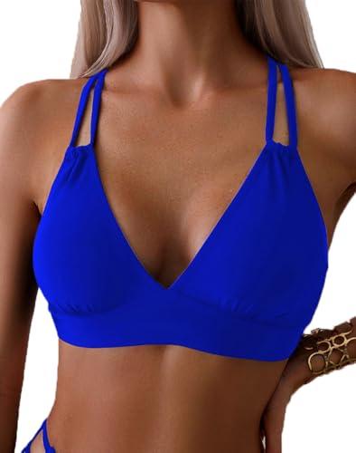 Tainehs Women's Push Up V Neck Bikini Tops Criss Cross Back Padded Bathing Suit Top Only Blue M