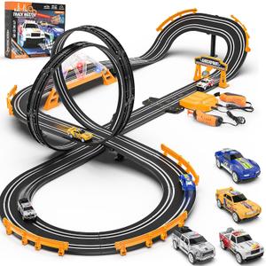 Slot Car Race Track Sets with 4 Slot Cars, Electric Race Car Track Include Slope Circular Overpass Track, Dual Racing Game Featuring Flash Bridge and Pendulum, Gifts Toys for Boys Kids Age 6 7 8-12, 1:64