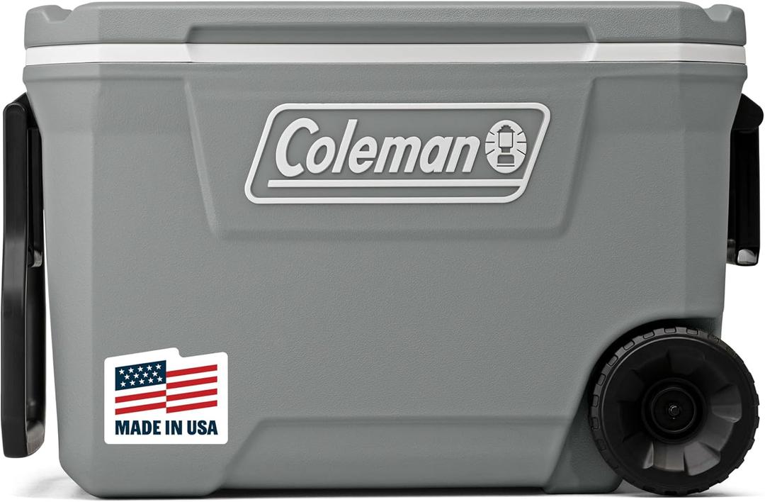 Coleman Classic Series Insulated Portable Rolling Cooler with Wheels, Leak-Resistant Outdoor Hard Cooler Keeps Ice up to 5 Days, 62-Quart (Rock Grey)