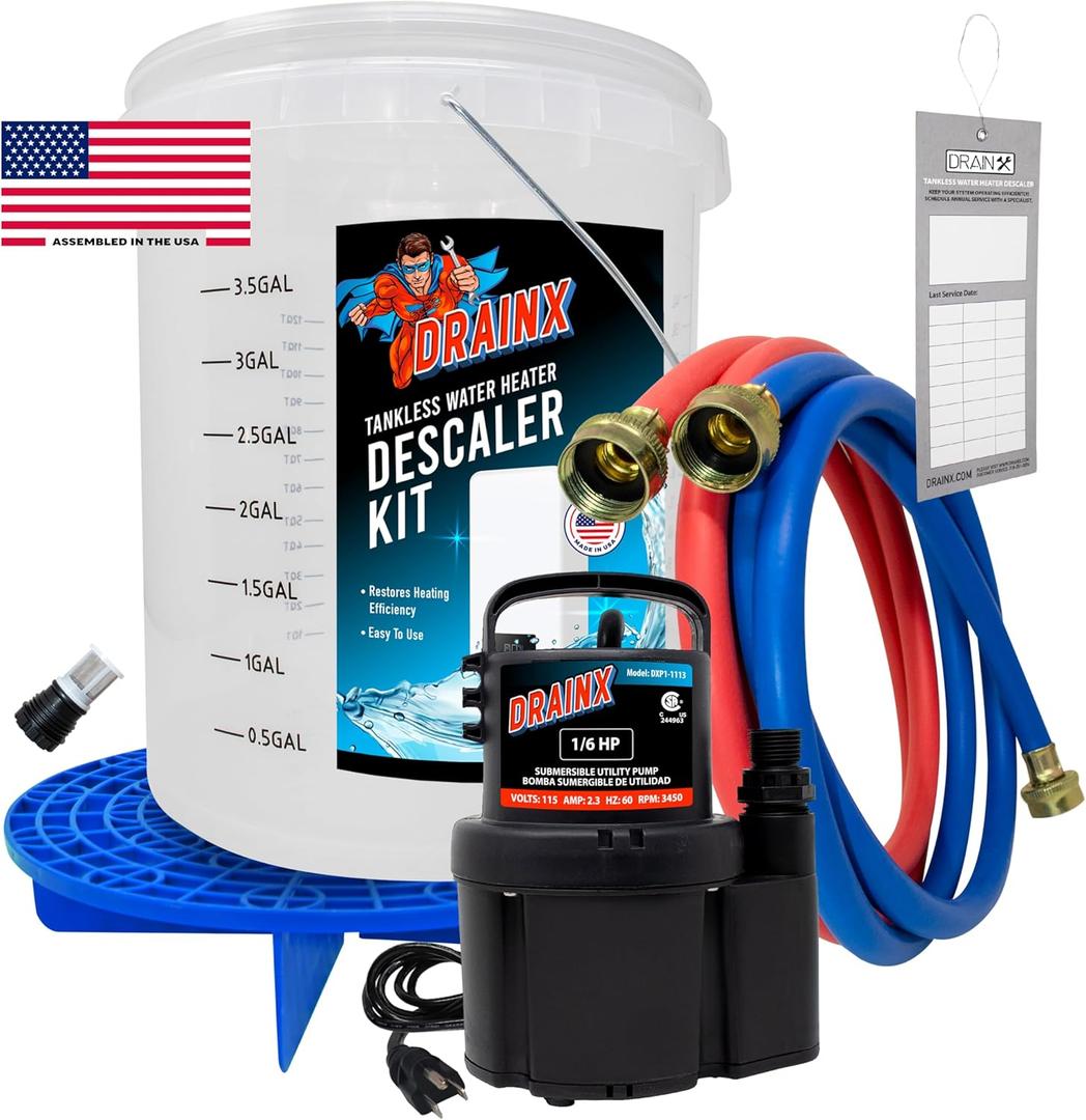 DrainX Tankless Water Heater Flushing Kit Includes Pump, Hoses, Bucket, Maintenance Log, and Replacement Filter for Rinnai Systems  Just Add Vinegar or our Own Descaler