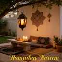 Ramadan Lantern Decorative Indoor & Outdoor, 13.6’’ Vintage Decorative Hanging Lanterns with Chian for Home Porch Patio Decor, Metal Christmas Moroccan Candle Holder Decorations (Amber)