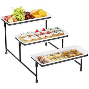 3 Tier Serving Tray for Party, 14"x7" Tiered Serving Platters with Steel Display Stand for Sevring Food,Cookies,Veggie, Dessert,Fruit, Black