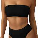 Pink Queen Women's Ribbed High Waisted Bikini Set Removable Strap Bandeau Swimsuit (L)