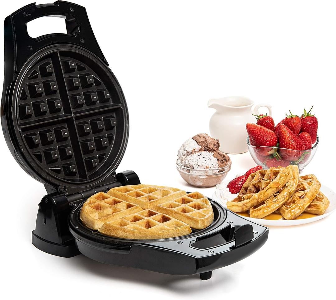 Moss & Stone Belgian Waffle Maker, Electric Flip Waffle Machine with Adjustable Temperature Control, Non-Stick Grids for Smooth Release, Compact 8-Inch Round Waffle Maker, Black