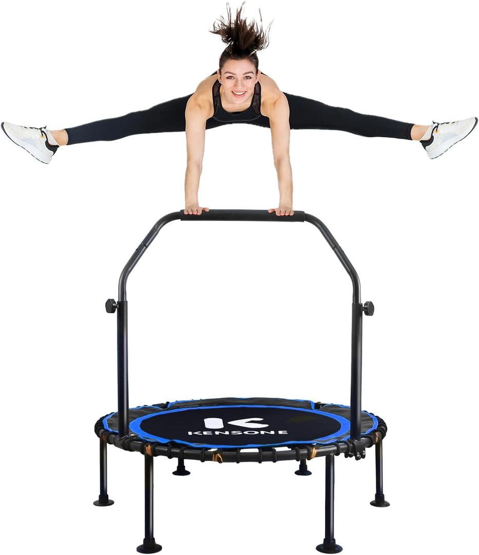 K KENSONE 40" Foldable Rebounder Trampoline for Adults with Bungee, 450 LBS Quiet Indoor Mini Trampoline for Adults Fitness with Adjustable U-Shaped Handle Bar for Gym Workout, Home Exercise, Blue