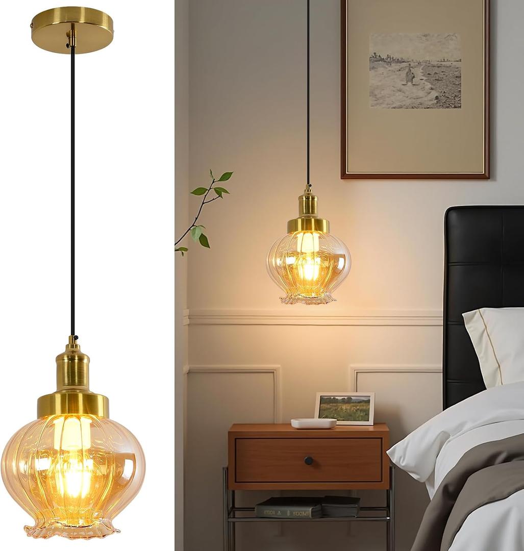 ZHENYANGL Vintaga Modern Amber Glass Pendant Light Mid Century Farmhouse Glass Pendant Light Fixture Retro Pendant Lights for Kitchen Island, Dining Room, Bedroom, Hallway, Entryway