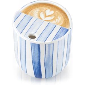 Ceramic Mug with Sip Hole 10 oz Novelty Blue Striped Coffee Mug Hand Painted Ceramic Cup Heat Resistant Non Slip Built in One Lid Handcraft Mugs for Coffee Lovers Appreciation Gift