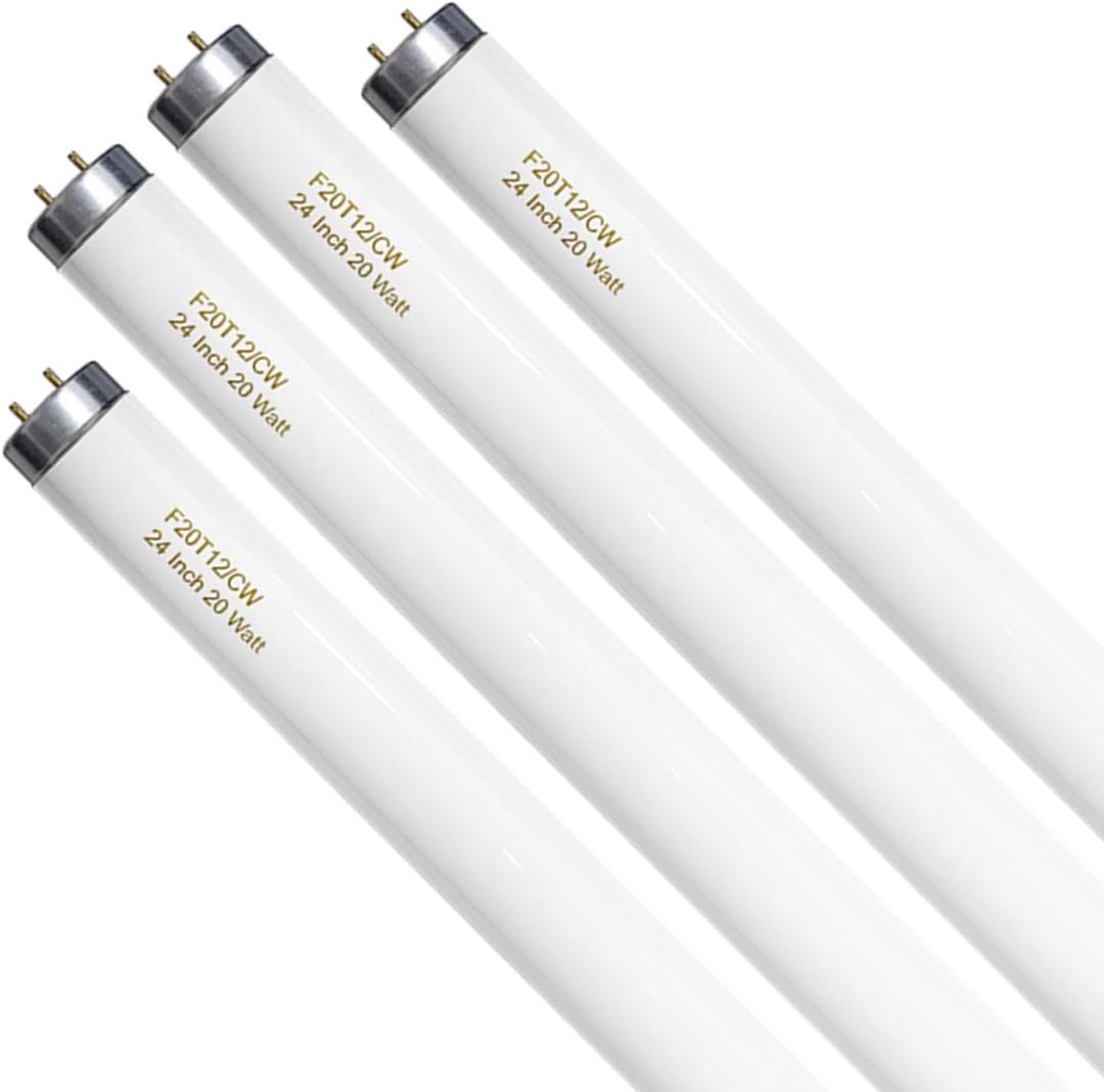 F20T12/CW 20 Watt Light Bulb Cool White, 24 Inch T12 Fluorescent Tube 20W Compatible with Philips Sylvania GE Light Fixture G13 Cap 4 Count