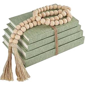 Linen Covered Decorative Books 4 Pieces, Neutral Home Decor Coffee Table Books with Wooden Beaded Tassel, Stacked Books for Rustic Farmhouse Modern, Boho, Bookshelf, Fireplace Mantel Dcor, Sage