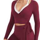 VOYJOY Women Ballet Wrap Top Long Sleeve Shirt Blouses Y2K Workout Gym Active Adjustable Tie Shirt Tops (Purple, L)