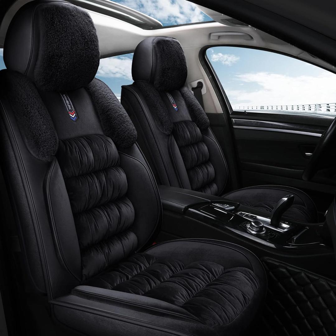 AOOG Fuzzy Car Seat Covers, Heated Bench Back Cushion Protector for Cars SUV Trucks(Front Pair,Black)