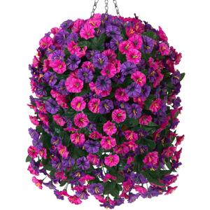 Artificial Fake Flowers Plants Hanging Baskets for Outdoor Outside, Faux Silk Hanging Dark Purple and Fuchsia Morning Glory Trailing Vines UV Resistant Look Real for Porch Patio Home Decoration