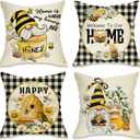 Fahrendom Spring Summer Yellow Bumble Bee Happy Gnome Decorative Throw Pillow Cover 16x16 Set of 4, Fall Black Buffalo Plaid Honey Themed Home Decoration, Farmhouse Cushion Case Outdoor Decors