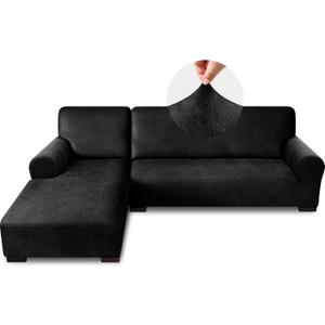 Sectional Couch Covers, Leather Look Sofa Cover L Shape 2PCS Soft Stretch Slipcover for Sectional Sofa, Non Slip Furniture Protector (3 Seat Sofa + 3 Seat Right Chaise, Black)