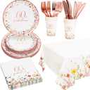 Crisky 60th Birthday Plates and Napkins 60 Fabulous Disposable Paper Tableware Set of 24 for Women 60th Birhday Decorations (Plates, Napkins, Cups, Tablecloth, Knife & Fork)