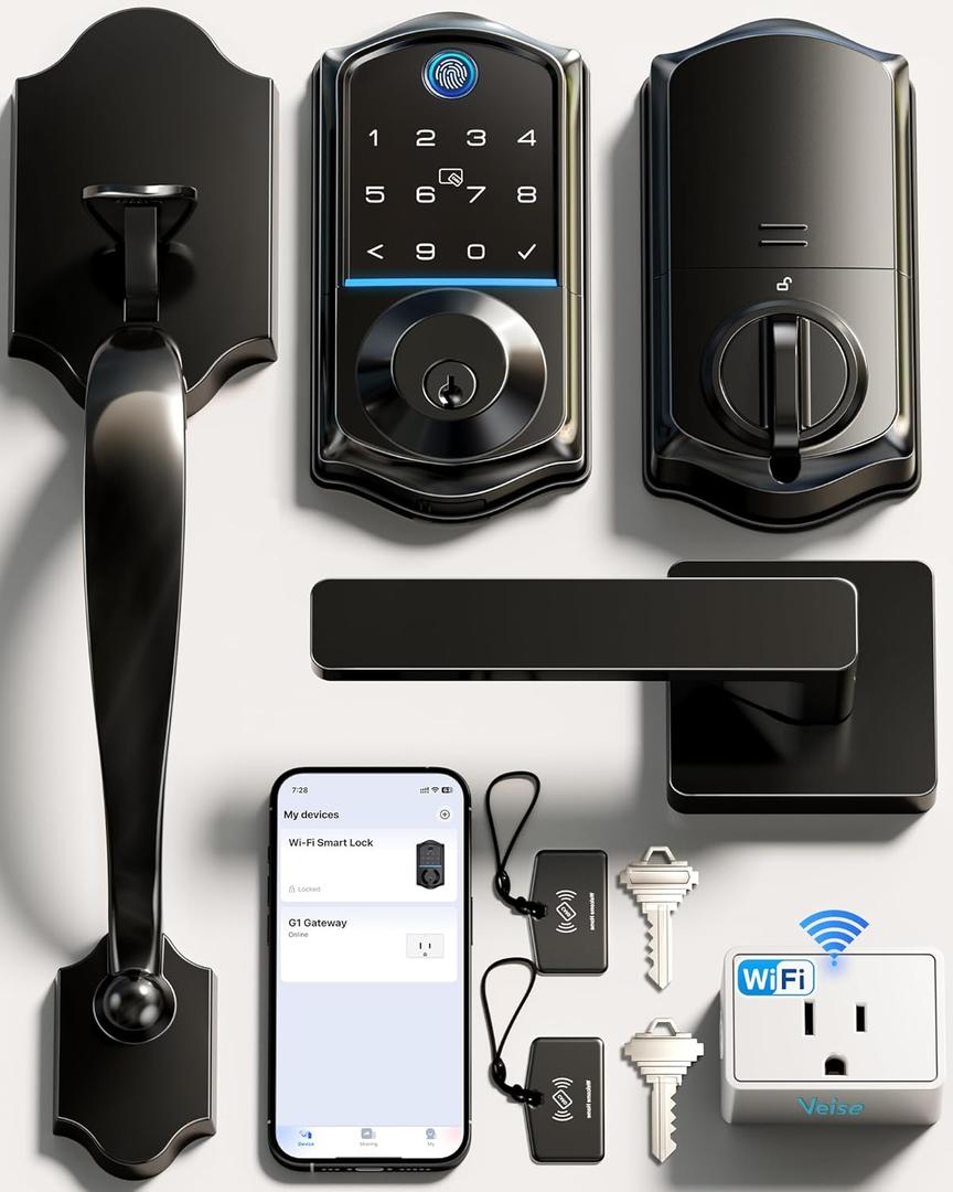 Veise VE017G-H Wi-Fi Smart Fingerprint Front Door Lock Set, Remote App Control, Keyless Entry Deadbolt with Handle, Backlit Keypad, IP55 Weatherproof, Auto Lock, Easy to Install, Matte Black