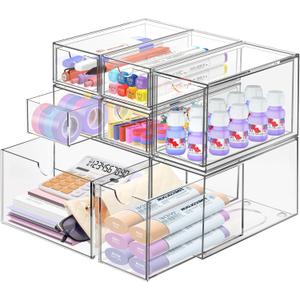 Desk Organizer with 7 Drawers, FODIENS 7 Packs Acrylic Stackable Desktop Storage Drawers Makeup Organizer, Clear Craft Storage Box Cabinets for Office Vanity Countertop Bathroom Bedroom