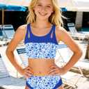 Teen Girls Swimsuits V-Neck Bikini Set Bathing Suits Cross Straps Two Piece Swimwear with Drawstring