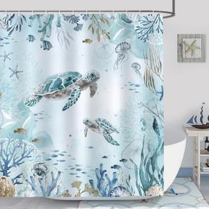 Bonhause Sea Turtle Shower Curtain, Teal Blue Ocean Beach Coastal Bathroom Decor 72 x 72 Inch Polyester Fabric Waterproof Bath Curtain with 12 Hooks