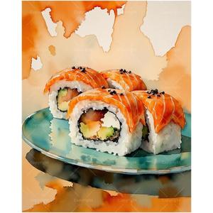 Sushi Roll Paint by Numbers Kit for Adults - DIY Salmon Sushi on Plate Painting on Canvas, Acrylic Paint Set, Suitable for Beginners, Food Art for Home Decoration or Gifts(16X20IN Framed)