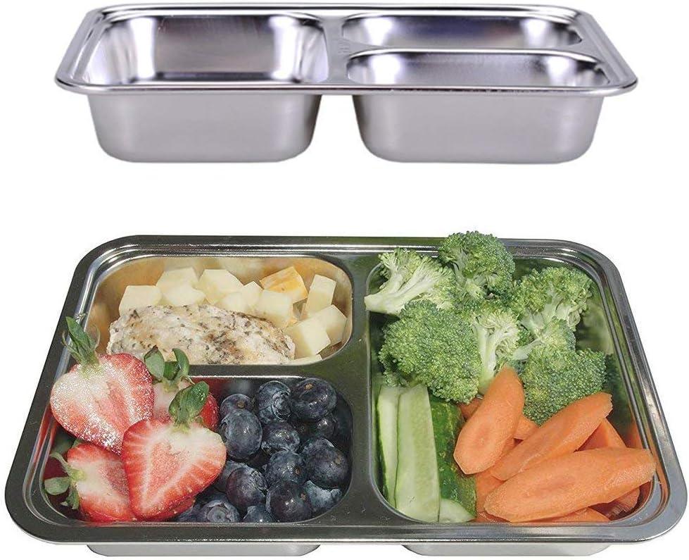 Set of 2 Stainless Steel Divided Plates Tray 3 Sections Diet Food Control Dinner Plate for Adults - Unbreakable Metal Plate for Campers Portion Control Reusable Plate (9.45 x 6.69 Inch (3 Sections))