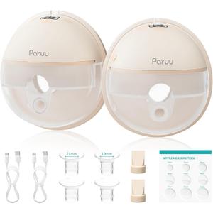Paruu Hands Free Breast Pump P16, Wearable Breast Pump Electirc Portable with 4 Modes & 12 Levels, Max 309mmHg Strong Suction 19/21/24mm Flange Inserts Wearable Breastfeeding Pump, 2 PackNude