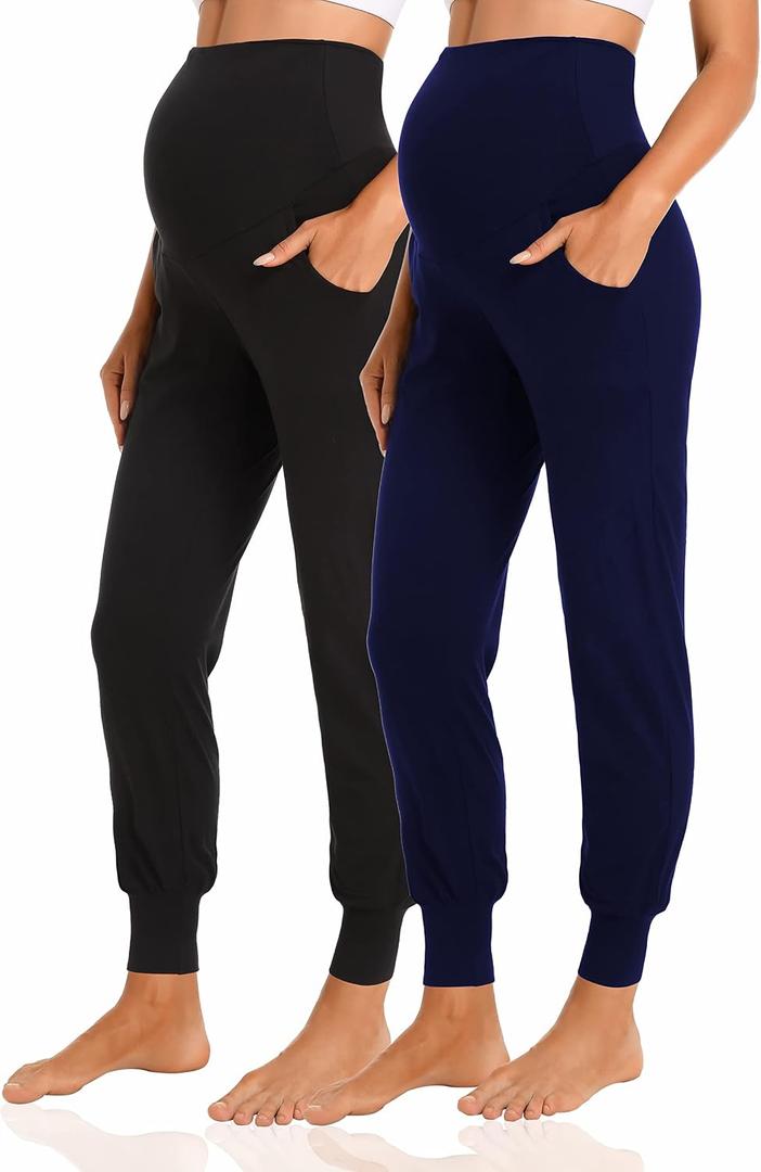 V VOCNI Women's Maternity Pants Maternity Activewear Jogger Track Cuff Sweatpants Over The Belly Stretchy Pregnancy Pants Black/Navy Medium